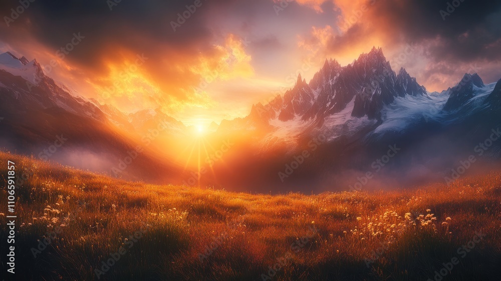 A breathtaking sunset over majestic mountains and a vibrant meadow. A breathtaking sunset over majestic mountains and a vibrant meadow.