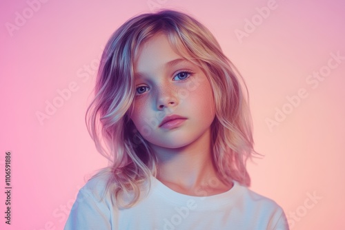 Gazing with calm blue eyes, a young girl with freckles is framed by a soft pink and blue neon fluorescent gradient, creating a gentle feel.