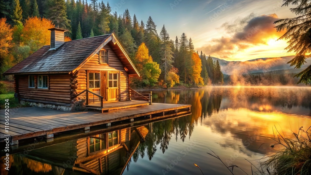 Fototapeta premium A solitary wooden cabin nestled on a tranquil lake, bathed in the warm glow of sunrise, with mist rising from the water and a backdrop of lush evergreen forest.