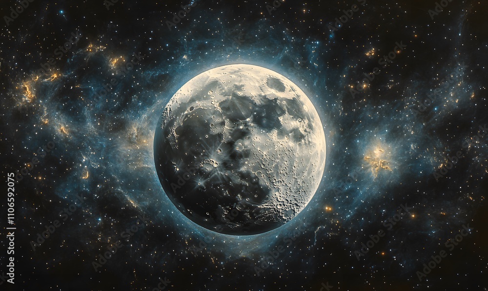 Obraz premium A panoramic image of the moon prominently displayed with a vivid starscape
