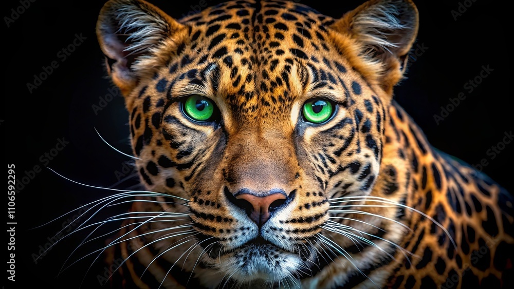 Naklejka premium A Close-up Portrait of a Leopard with Bright Emerald Eyes, Focused and Intriguing, Revealing the Beauty and Power of this Wild Cat