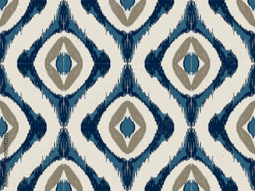Vector illustration of Ikat pattern in blue, gray and cream, symmetrical pattern for designs, textiles, backgrounds, home decor, designs, graphics that reflect tribal and traditional elements.