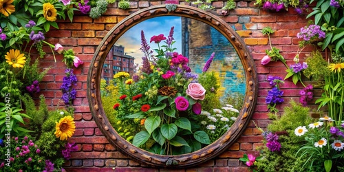 Botanical Oval Frame and Border of Spring Flowers with Pink and Purple Wildflowers and Green Leaves for Creative Design and Decoration