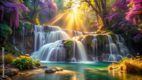 A Cascading Waterfall Bathed in Golden Light, Surrounded by Lush Greenery and Vibrant Purple Blossoms