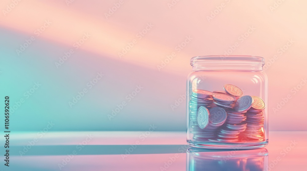 A glass jar holds a collection of coins, casting gentle shadows on a pastel-colored surface. The interplay of light creates a serene and calming atmosphere. A glass jar holds a collection of coins, casting gentle shadows on a pastel-colored surface. The interplay of light creates a serene and calming atmosphere.
