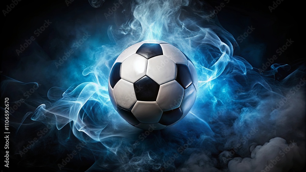 Fototapeta premium A soccer ball encased in swirling blue smoke, a dramatic composition symbolizing the passion and energy of the sport.