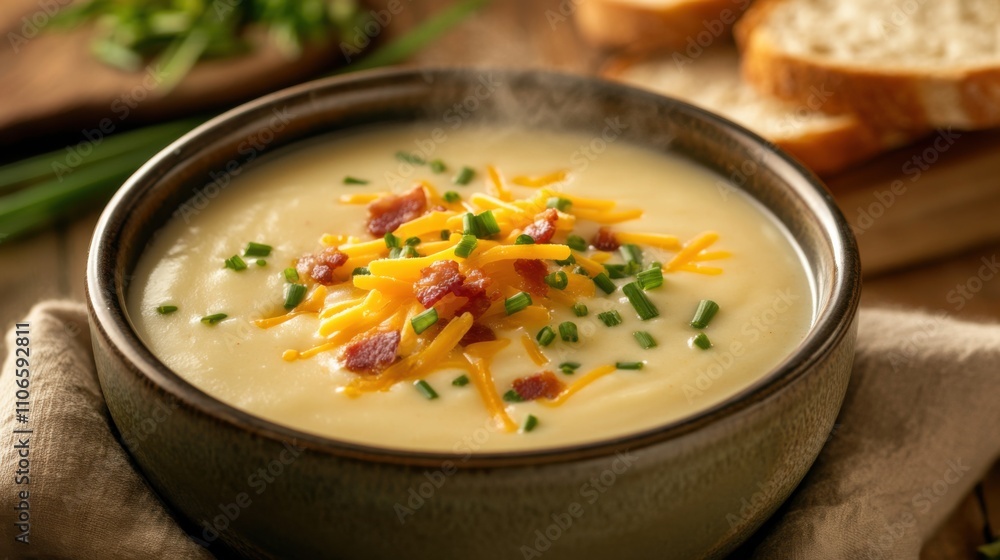 A comforting bowl of creamy potato soup garnished with chives and shredded cheddar cheese, Potato soup served in a ceramic bowl with steam rising delicately, Crispy bacon bits for extra flavor A comforting bowl of creamy potato soup garnished with chives and shredded cheddar cheese, Potato soup served in a ceramic bowl with steam rising delicately, Crispy bacon bits for extra flavor