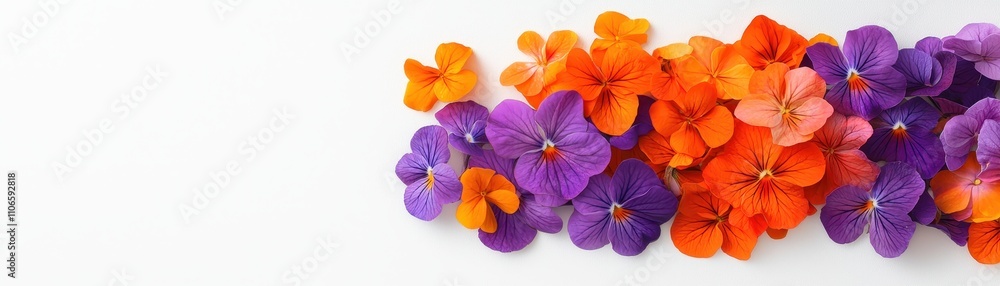 Obraz premium A vibrant assortment of purple, orange, and yellow flowers arranged beautifully against a white background.