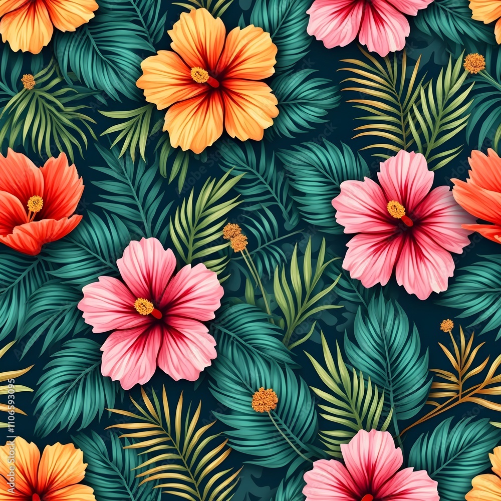 hawaiian shirt seamless pattern with tropical flora green leaves and flower. Generative ai hawaiian shirt seamless pattern with tropical flora green leaves and flower. Generative ai