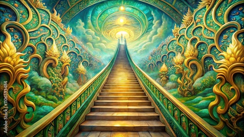 Wallpaper Mural A Stairway To The Divine, Adorned With Ornate Golden Sculptures And Emerald Green Flora, Leading Upward To A Brilliantly Lit Celestial Realm. Torontodigital.ca