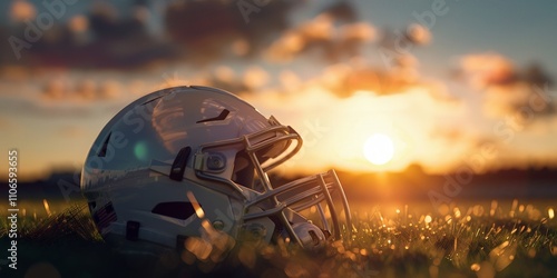 football helmet rests on grassy field at sunset. image symbolizes the end of a game or the close of season. Perfect for sports articles, blogs, or social media posts photo