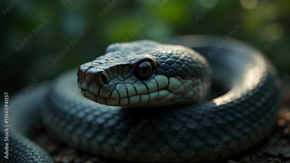 A captivating close-up of a snake, showcasing the intricate textures of its scales, sharp eyes, and graceful form, conveying its sleek beauty and natural elegance. A captivating close-up of a snake, showcasing the intricate textures of its scales, sharp eyes, and graceful form, conveying its sleek beauty and natural elegance.