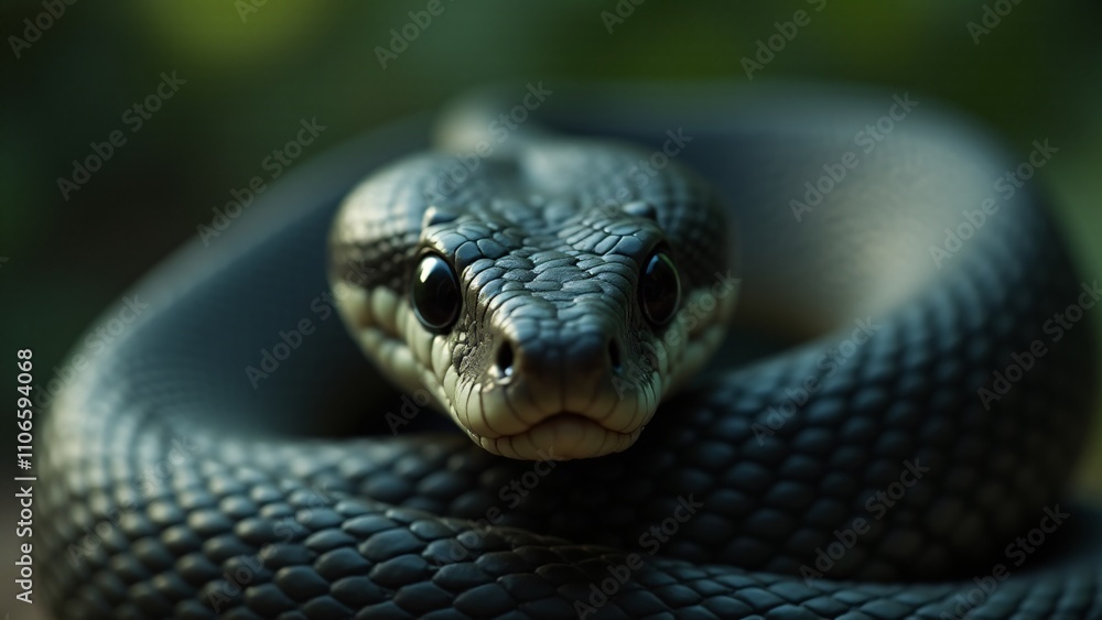 Obraz premium A captivating close-up of a snake, showcasing the intricate textures of its scales, sharp eyes, and graceful form, conveying its sleek beauty and natural elegance.