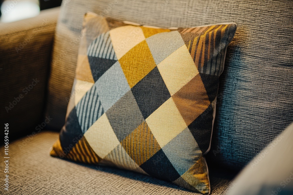 Stylish geometric patterned cushion resting on modern sofa with neutral gray fabric background Stylish geometric patterned cushion resting on modern sofa with neutral gray fabric background