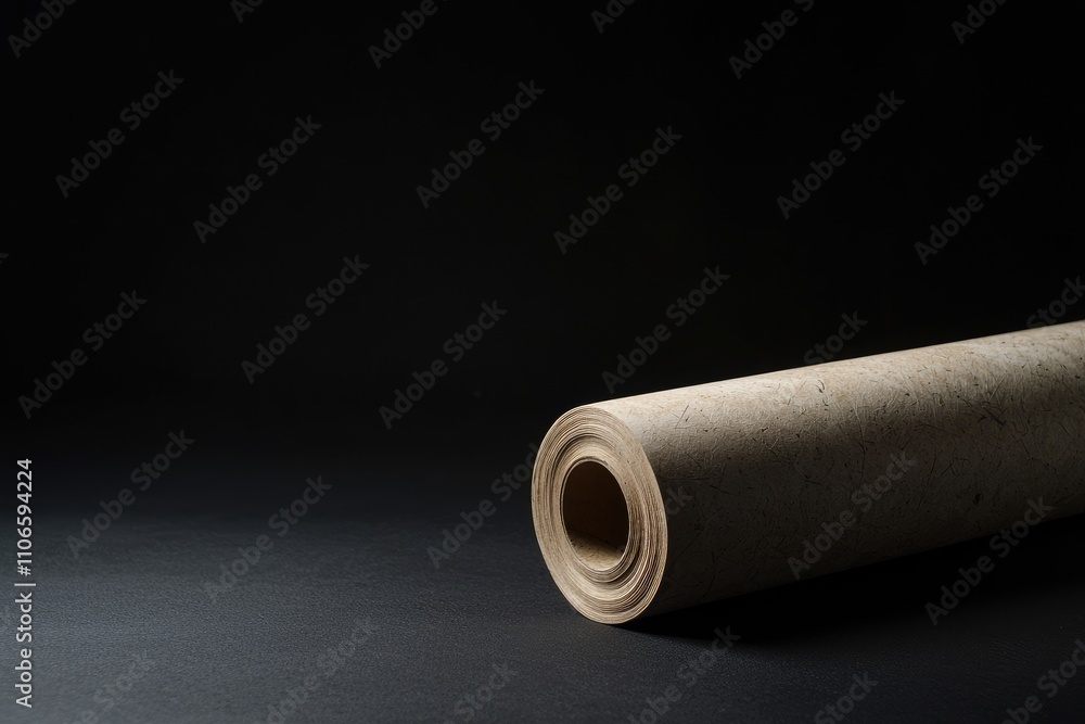 Close-Up of Unrolled Craft Paper Roll on Dark Background with Subtle Shadows and Textures for Art and Design Projects Close-Up of Unrolled Craft Paper Roll on Dark Background with Subtle Shadows and Textures for Art and Design Projects