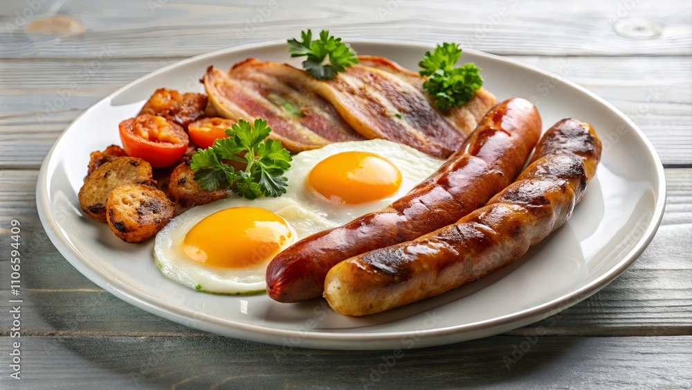 A Hearty Breakfast Spread Featuring Crispy Bacon, Sunny Side Up Eggs, and Two Varieties of Savory Sausages Served on a Simple White Plate A Hearty Breakfast Spread Featuring Crispy Bacon, Sunny Side Up Eggs, and Two Varieties of Savory Sausages Served on a Simple White Plate