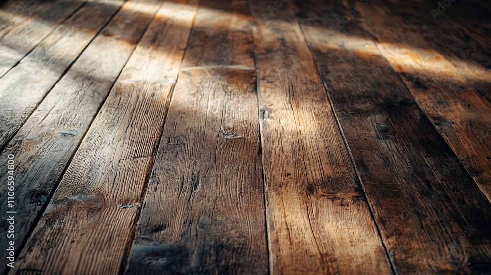 Sunlight streams across rustic wooden floorboards. Sunlight streams across rustic wooden floorboards.