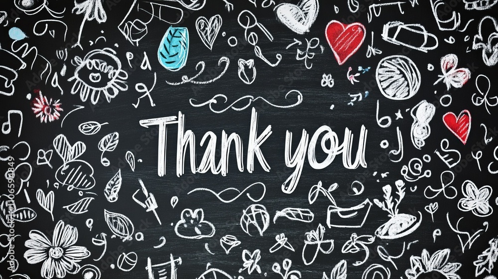 Hand-Drawn Thank You Doodles on Chalkboard Texture - Creative and Casual Appreciation Concept. Hand-Drawn Thank You Doodles on Chalkboard Texture - Creative and Casual Appreciation Concept.