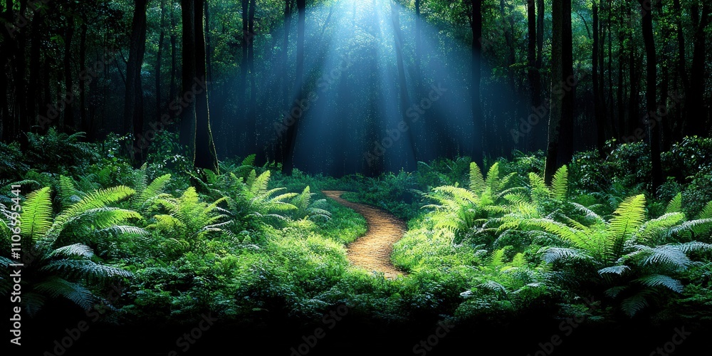 Obraz premium Majestic Forest Pathway Dappled in Sunlight Among Lush Greenery in Tranquil Woodland with Ferns and Trees Creating Serene Nature Escape for Peaceful Retreat