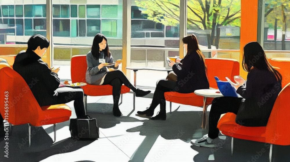 Young adults engaged in social interaction and study in a modern lounge setting with bright orange furniture and large windows letting in natural light. Young adults engaged in social interaction and study in a modern lounge setting with bright orange furniture and large windows letting in natural light.
