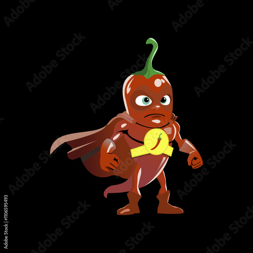Vector graphic of cartoon chili superhero character illustration, cute vector red jalapeno vegetable in superhero cape and mask showing strength and muscles. Fairy tale characters, isolated chili 