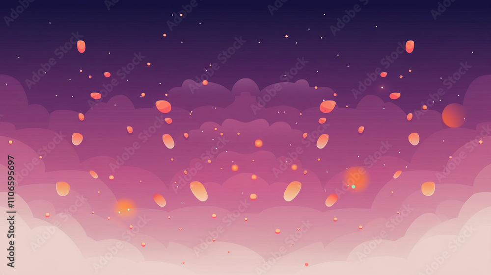 Digital illustration depicting numerous small, orange-yellow lights dispersed across a gradient background of purple and pink hues. The lights are scattered among stylized clouds, creating a dreamy Digital illustration depicting numerous small, orange-yellow lights dispersed across a gradient background of purple and pink hues. The lights are scattered among stylized clouds, creating a dreamy