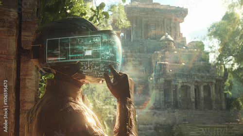 Quantum archaeology expedition into a reconstructed holographic avatar of a lost civilization s immersive virtual environment. Solarpunk. Illustration photo