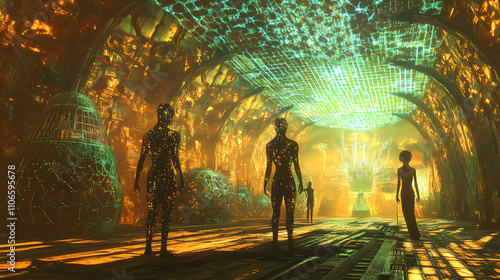 Quantum archaeology expedition into a reconstructed holographic avatar of a lost civilization s immersive virtual environment. Solarpunk. Illustration