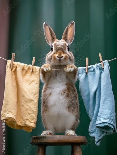 Laundry hanging concept. Cute rabbit standing on stool holding laundry line with clothespins