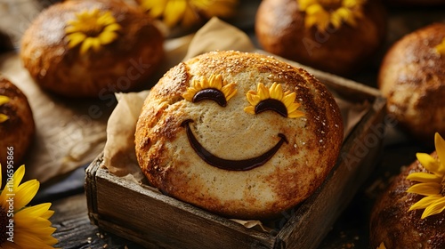 Smiling bread rolls with chocolate eyes and sunflower petal decoration