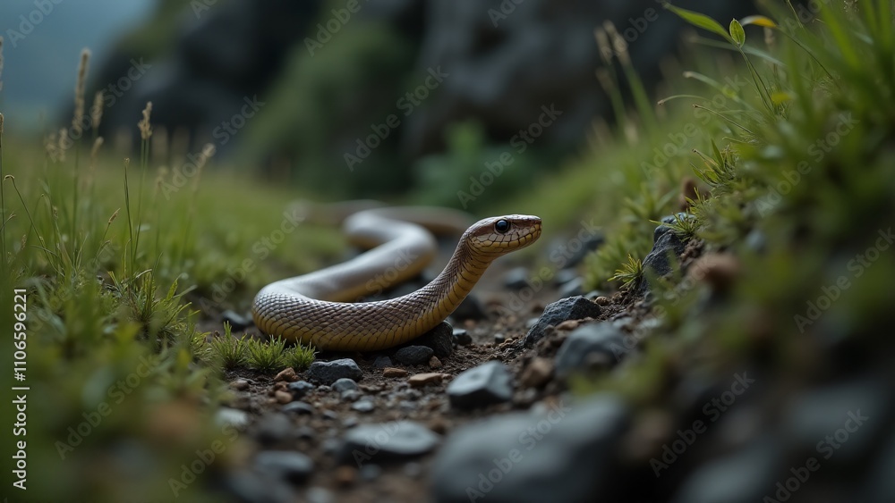 Fototapeta premium A dynamic image of a snake in motion, demonstrating its agility and grace as it moves across the wild terrain, emphasizing its fluid movement and sleek body.