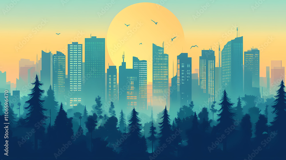 Fototapeta premium Solarpunk beautiful cityscape and forest, generative ai. Solarpunk. Illustration