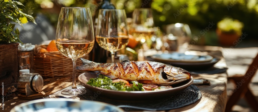 Outdoor dining table featuring a centerpiece of grilled fish, wine glasses, and rustic decor Outdoor dining table featuring a centerpiece of grilled fish, wine glasses, and rustic decor