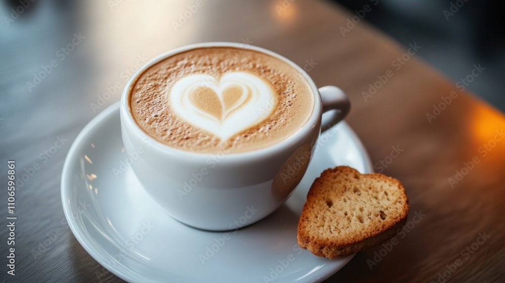 A cup of frothy cappuccino with a heart-shaped latte art, Minimalist coffee shop setting, Cup centered A cup of frothy cappuccino with a heart-shaped latte art, Minimalist coffee shop setting, Cup centered