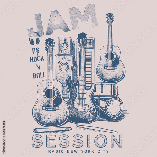 rock and roll. jam session. guitter dran music box. vintage rocknroll prints. grunge effect. t shirt design. music instument. radi new york city slogan text. summer tee art. poster design.