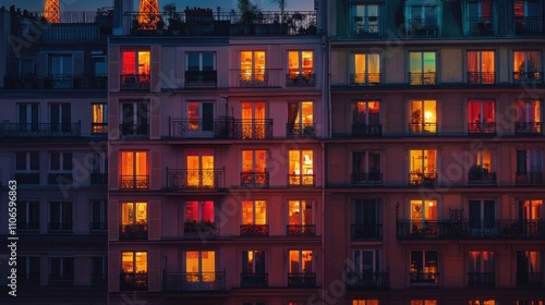 A colorful evening scene of illuminated apartment windows in an urban setting.