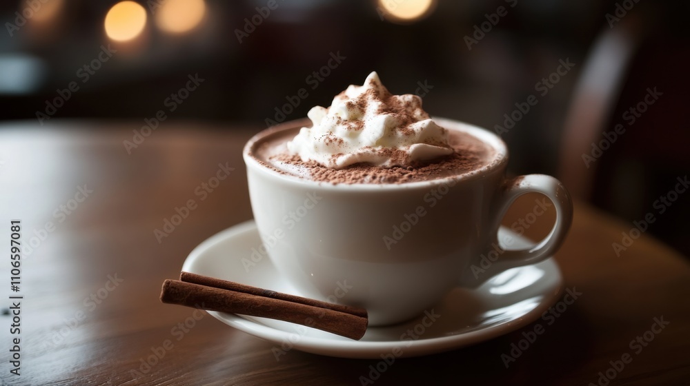 A cup of rich hot chocolate topped with a dollop of whipped cream, Minimalist cafe setting, Cup centered A cup of rich hot chocolate topped with a dollop of whipped cream, Minimalist cafe setting, Cup centered