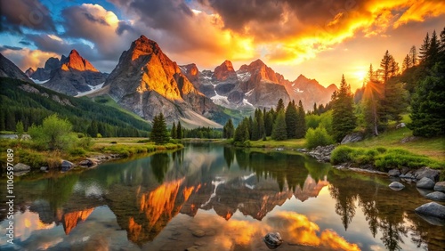 Breathtaking Golden Hour Over Mountain Valley with Majestic Peaks and Serene Lakes Illuminated by Warm Sunlight, Capturing the Tranquility of Nature at Dusk