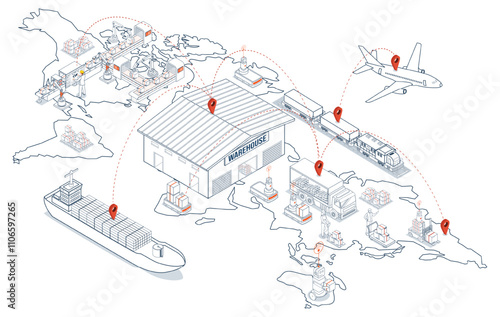 Global logistics network coordinates transportation, supply chain management (SCM), and operations across companies worldwide to deliver efficient logistics services. Vector illustration EPS 10