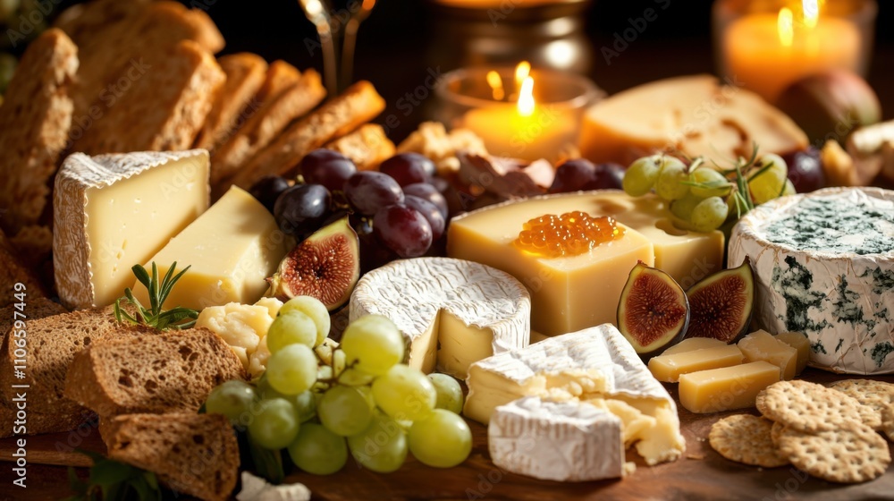 A decadent cheese platter featuring an assortment of artisanal cheeses such as brie, gouda, and blue cheese A decadent cheese platter featuring an assortment of artisanal cheeses such as brie, gouda, and blue cheese