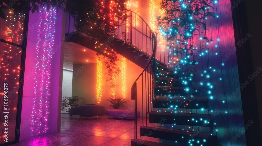 A vibrant, modern staircase illuminated by colorful lights and surrounded by greenery. A vibrant, modern staircase illuminated by colorful lights and surrounded by greenery.