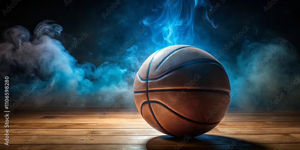 A lone basketball rests on a wooden surface, illuminated by a spotlight emanating from a swirling cloud of smoke. A lone basketball rests on a wooden surface, illuminated by a spotlight emanating from a swirling cloud of smoke.