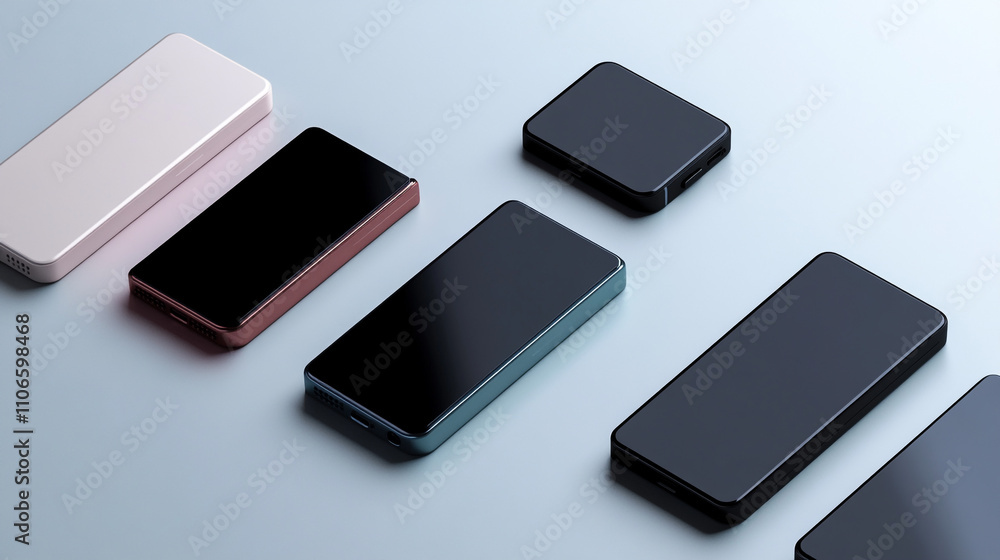 Modern smartphone collection displayed on a minimalist surface in soft lighting Modern smartphone collection displayed on a minimalist surface in soft lighting