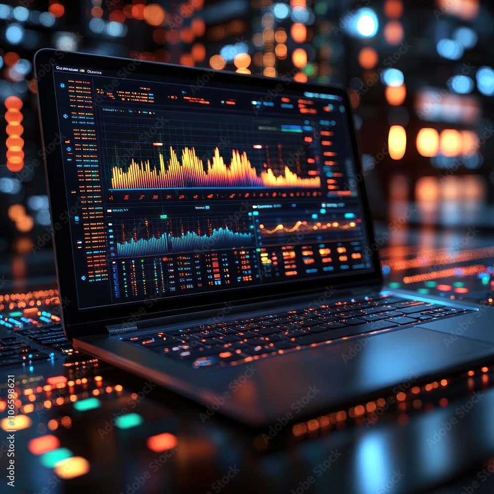 Modern laptop displaying financial data in a vibrant city environment. Modern laptop displaying financial data in a vibrant city environment.