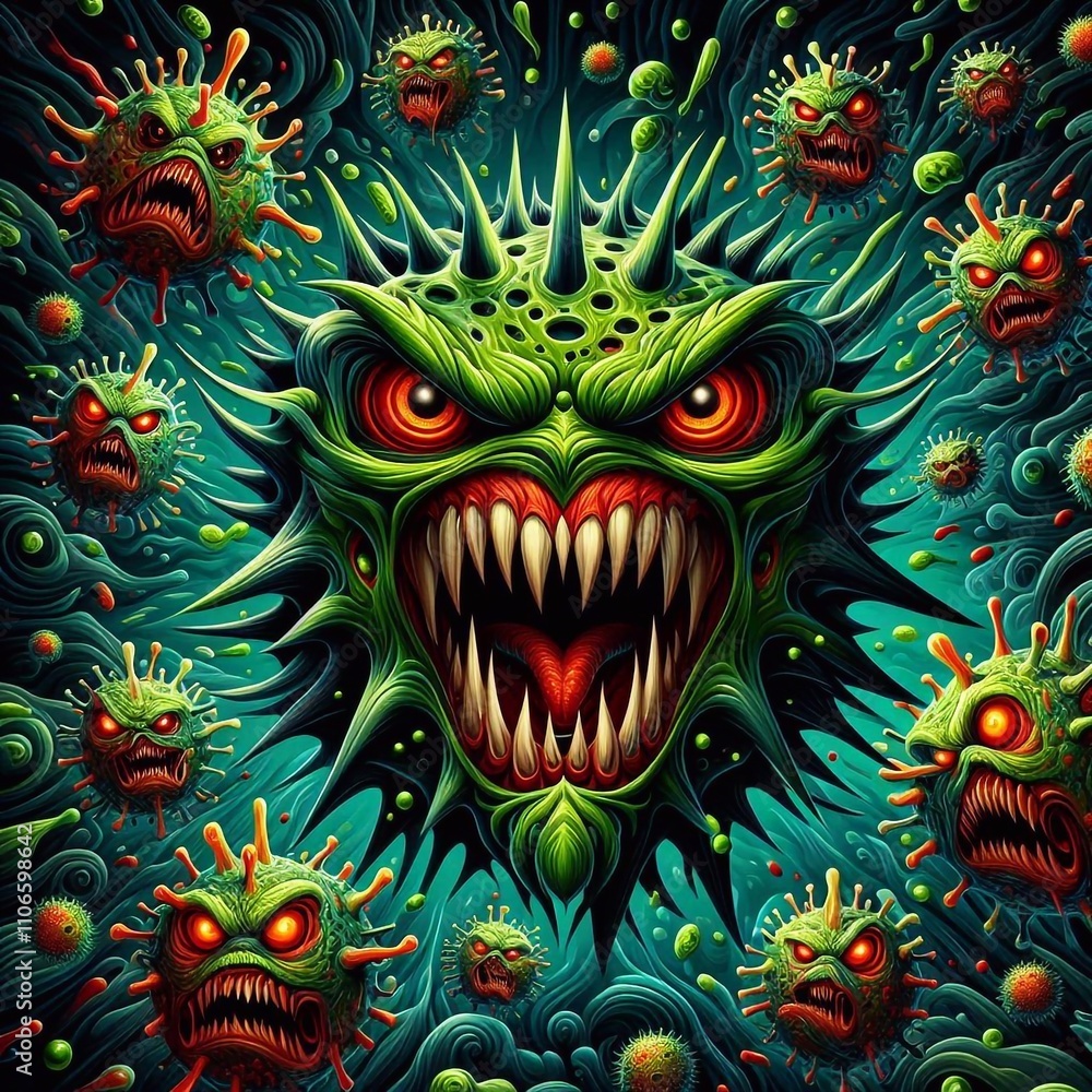 Fierce Cartoon-like Bacteria Representing a Threatening Viral Infection Fierce Cartoon-like Bacteria Representing a Threatening Viral Infection
