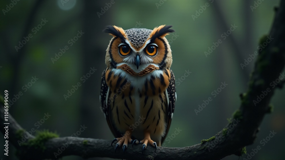 Fototapeta premium A detailed portrait of an owl, emphasizing its piercing eyes, soft feathers, and wisdom. The close-up captures the owl's striking features, bringing attention to its natural beauty and silent grace.