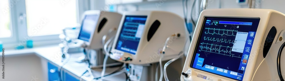 Three medical monitors displaying vital signs in a clinical environment, showcasing advanced healthcare technology and equipment. Three medical monitors displaying vital signs in a clinical environment, showcasing advanced healthcare technology and equipment.