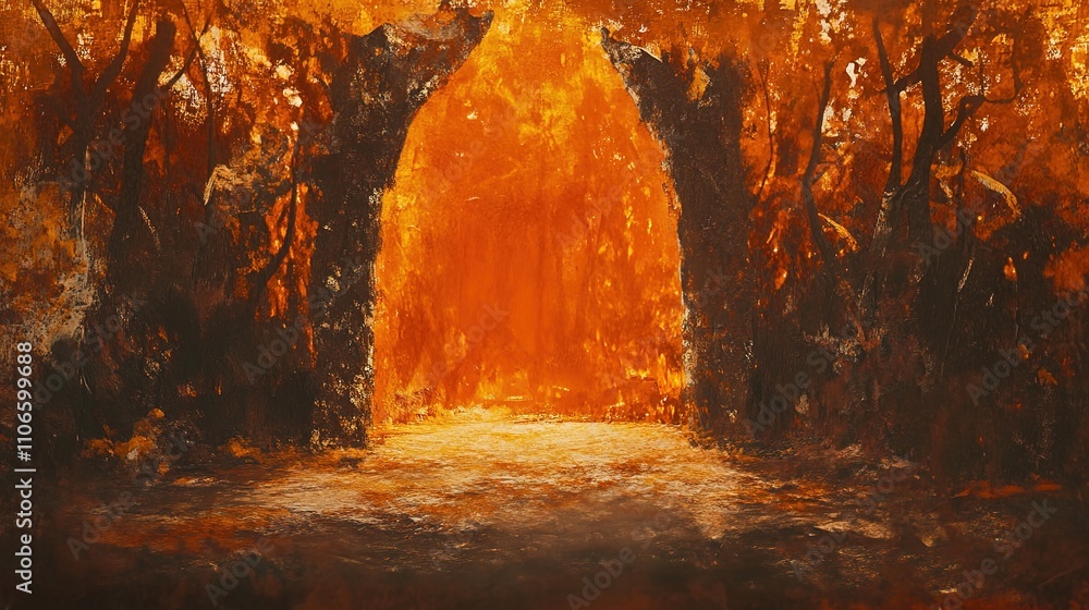 Mystical and magical forest scene illuminated by vibrant orange light breaking through a dark, shadowy space, evoking a sense of wonder, enchantment, and fantasy. Mystical and magical forest scene illuminated by vibrant orange light breaking through a dark, shadowy space, evoking a sense of wonder, enchantment, and fantasy.