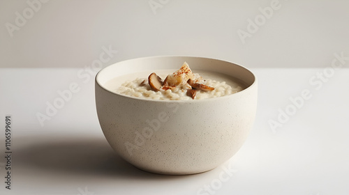 Minimalist food photography, mushroom risotto, creamy rice dish, aesthetic food styling, neutral tones, modern kitchen decor, white bowl food shot, black fork minimalism, pepper seasoning close-up