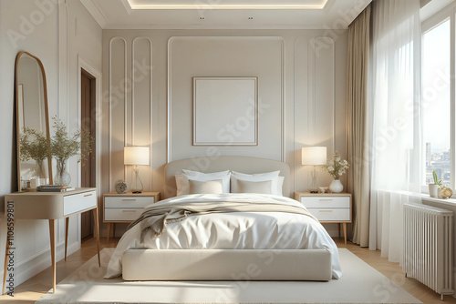 nterior of light bedroom with mirror and commode. front view